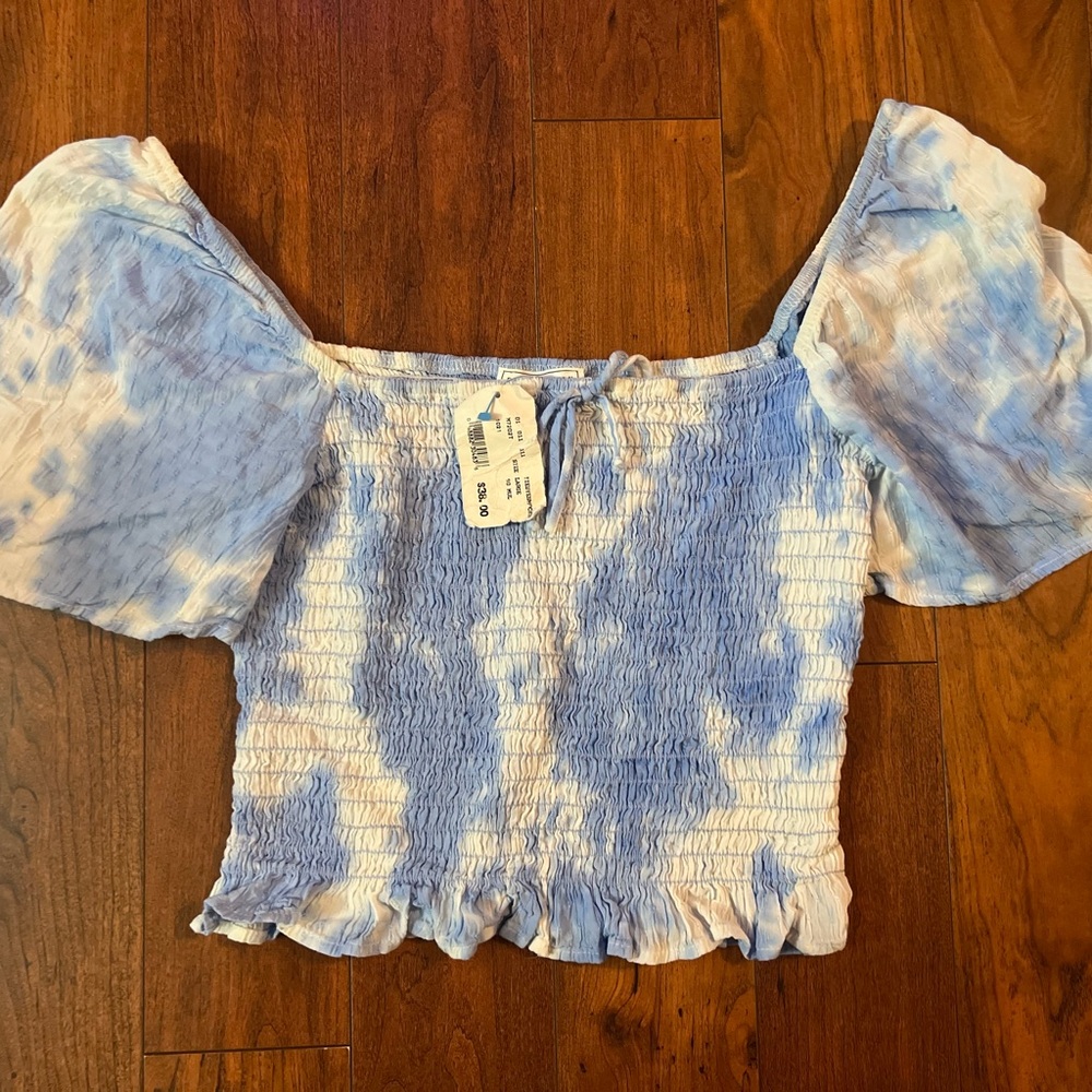 Emory Park NWT tube top top on/off shoulder sleeves blue/white elastic,stretch L - Picture 2 of 16